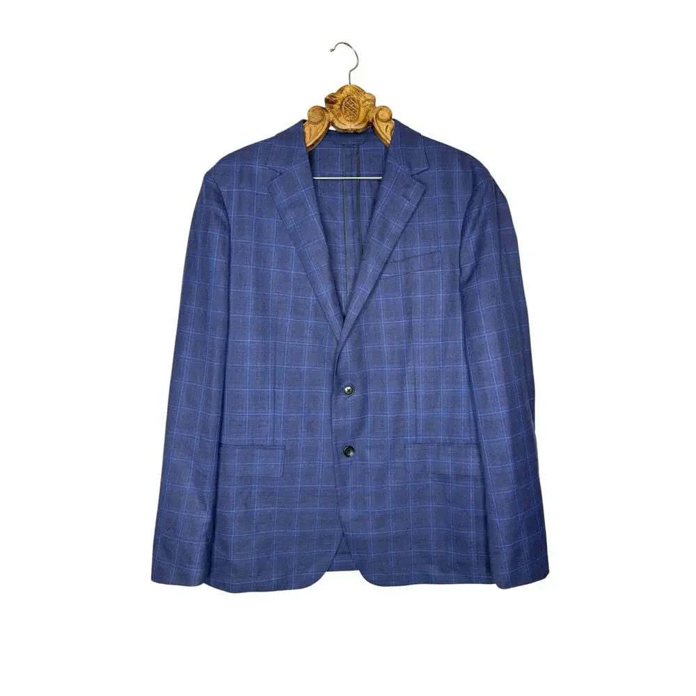Bonobos Athletic Fit Zignone Italian Wool Plaid Blazer Jacket Coat Blue 44L
